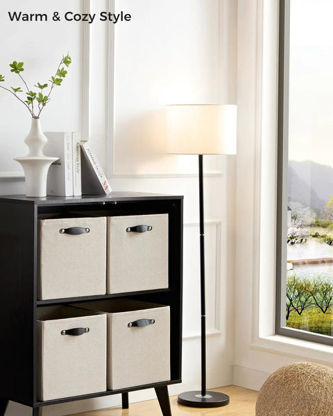 Storage Cube Bins For Shelves And Closets Beige Fabric Cubby Organizer Baskets displayed in black shelving unit