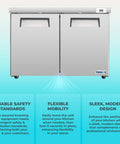 Heavy Duty 48 Inch Commercial Undercounter Freezer With Solid Stainless Exterior And Bright Led Lighting For Serious Kitchen Prep Work Etl Rated 11 Point 1 Cubic Foot Storage Built Tough For Daily Grind Like A Pro front view showcasing double doors and mobility features.