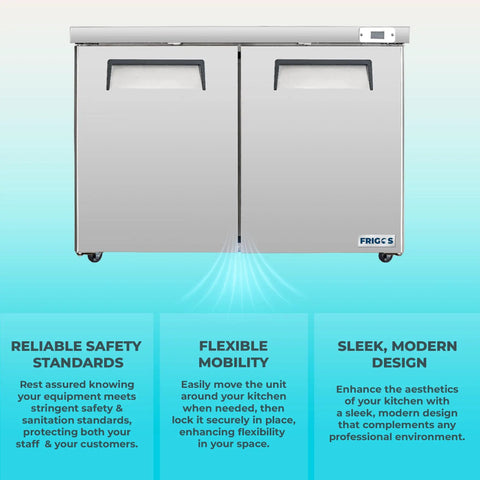 Heavy Duty 48 Inch Commercial Undercounter Freezer With Solid Stainless Exterior And Bright Led Lighting For Serious Kitchen Prep Work Etl Rated 11 Point 1 Cubic Foot Storage Built Tough For Daily Grind Like A Pro front view showcasing double doors and mobility features.