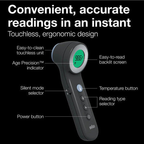 Sensian 7 Forehead 3 In 1 No Contact Infrared Thermometer For Adults And Kids, Clinically Validated And Doctor Recommended, Quick Accurate Readings, 3 Ways To Use, Safe Easy Home Health Monitoring. black touchless thermometer with backlit screen and buttons