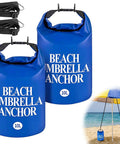 Two Pack Beach Umbrella Sand Weight Bags 10L 25LB Fillable Anchor Bags For Outdoor Wind Resistant Shade Setup Heavy Duty 500D PVC Includes Black Straps Easy Fill With Sand Stones Or Water 19.5 x 7 Inch. Blue color with straps shown on a beach setup.