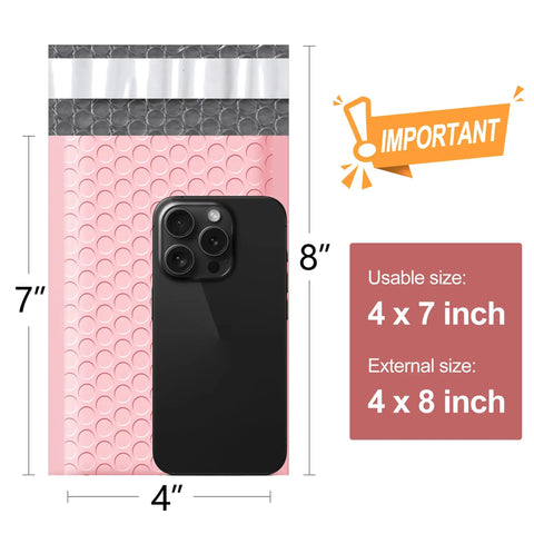 Light Pink 4x8 Inch Bubble Mailers 50 Pack Self Seal Padded Poly Mailers For Small Biz Shipments with size details