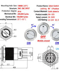 Diagram of a Three Position 19mm Rotary Switch With Blue LED Indicator for 12V 24V DC or AC, showing dimensions and technical details.