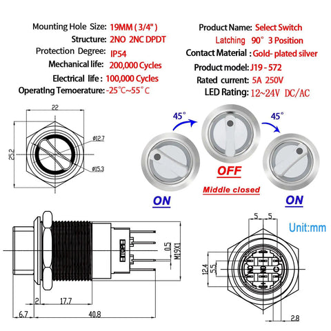 Diagram of a Three Position 19mm Rotary Switch With Blue LED Indicator for 12V 24V DC or AC, showing dimensions and technical details.