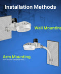 45W Dusk to Dawn Outdoor Light With Adjustable Wattage showing wall and arm mounting options