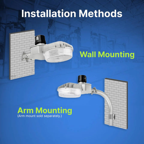 45W Dusk to Dawn Outdoor Light With Adjustable Wattage showing wall and arm mounting options