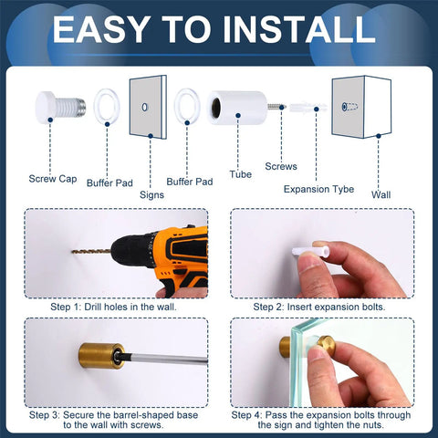 Installation illustration of Stainless Steel 16-Piece Mirror Wall Mount Standoff Screws Kit With Anchors And Hardware In White Finish
