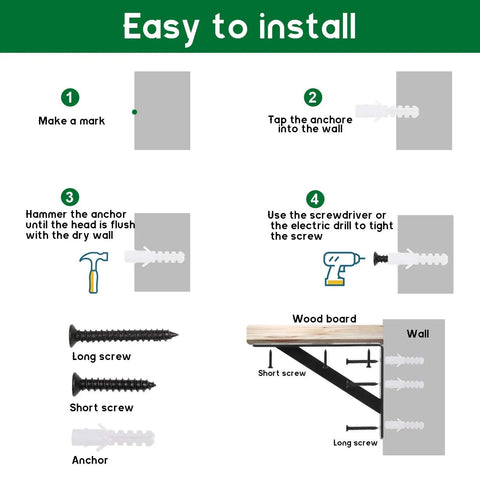 Installation guide for 10 Pack Heavy Duty Shelf Brackets Black Steel 8 Inch Long By 6 Inch High L Shaped 90 Degree Wall Mount Corner Brackets With Screws