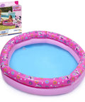 Inflatable Minnie Mouse kiddie pool with pink floral design, packaged box visible, above-ground pool for outdoor play.
