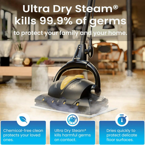 Pro Grade Steam Mop Bundle Featuring 18 Piece Precision Floor Care Kit That Brings The Heat To Crush Stubborn Grime And Leaves Floors Spotless Every Time in use with steam and a clean floor.