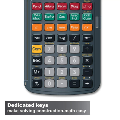 Close-up of Spanish Display Construction Master 5 Foot Inch Fraction Calculator keys for carpenters and builders