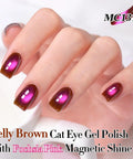 Hand with Jelly Brown and Fuchsia Pink Cat Eye Gel Polish, showcasing magnetic shine on nails.