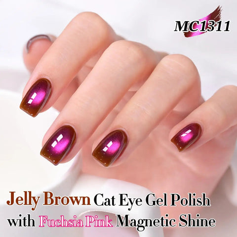 Hand with Jelly Brown and Fuchsia Pink Cat Eye Gel Polish, showcasing magnetic shine on nails.