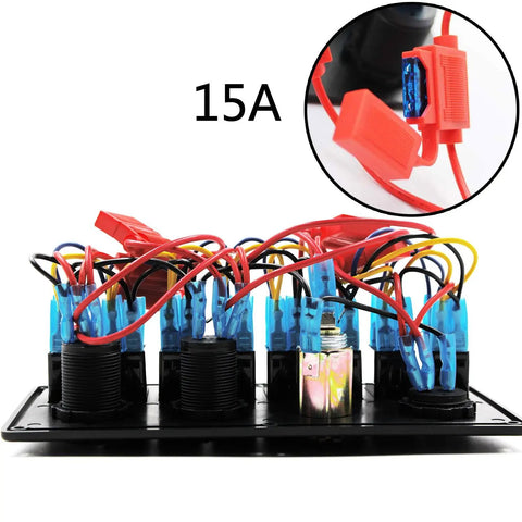 Back view of Beefy Eight Gang Waterproof Marine Rocker Switch Panel with wiring and fuse, highlighting 15A capacity.