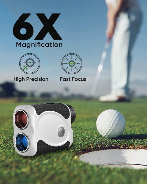 Top Notch Golf Rangefinder With Flag Lock And Pulse Vibration placed on golf course near hole and ball