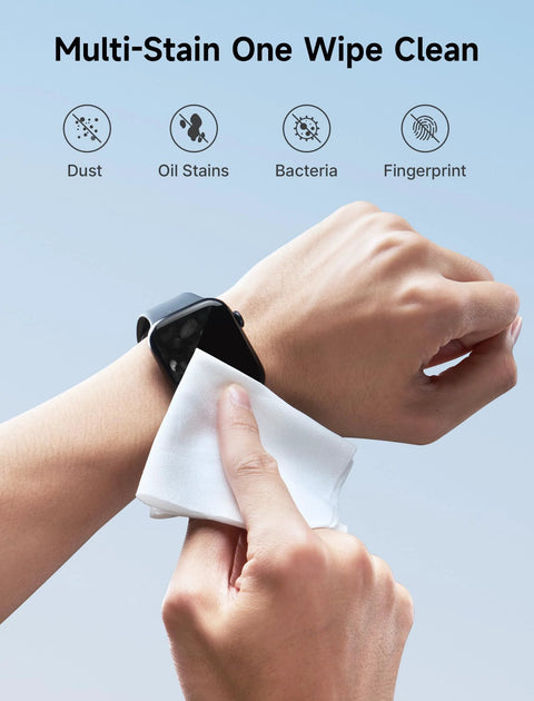 JSAUX white microfiber cleaning cloth wiping a smartwatch screen on the wrist