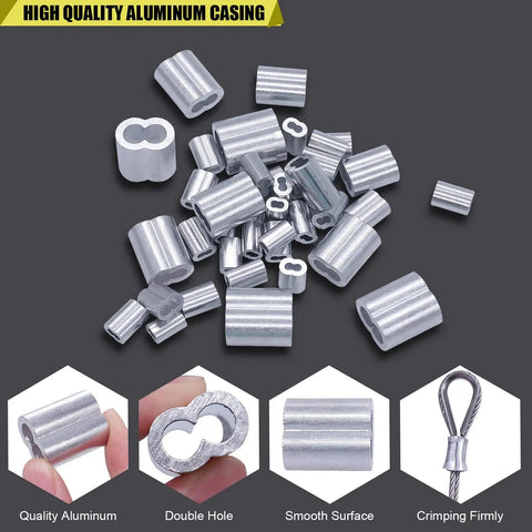Heavy Duty Wire Rope Thimbles And Aluminum Crimping Loop Sleeves Kit for Rigging includes close-up of aluminum sleeves