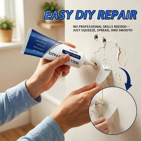 Person using All-In-One Drywall Repair Kit with scraper and fast-dry paste on wall holes.