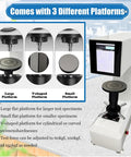 Kickass Digital Rockwell Hardness Tester With Slick Touchscreen Display And Pro Level Precision For Steel Plus Heat Treated Metals Easy AC110V Power showing three platforms for various test specimens.