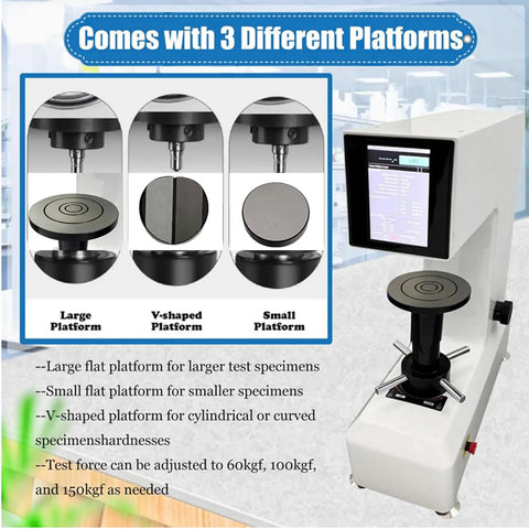 Kickass Digital Rockwell Hardness Tester With Slick Touchscreen Display And Pro Level Precision For Steel Plus Heat Treated Metals Easy AC110V Power showing three platforms for various test specimens.