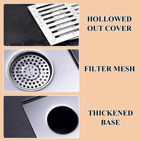Heavy Duty Linear Shower Trench Drain Built From 304 Stainless Steel For Fast Draining And A Smart Odor Stopper That Keeps Your Bathroom Smooth And Totally Hassle Free showing hollowed cover, filter mesh, and thickened base.