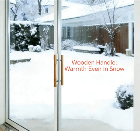 Natural Solid Wood Sliding Patio Door Handle With Ergonomic Curved Grip shown on snowy day glass door with chrome brackets
