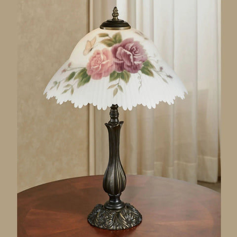 Floral Table Lamp With Hand Painted Ruffled Glass Shade, Bronze Finish, Vintage Victorian Style Desk Lamp For Bedroom