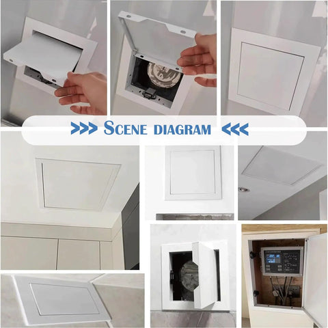 Top Tier 16 By 32 Inch Galvanized Steel Access Panel With A Slick Push To Open Track For No Sweat Drywall And Ceiling Pipe Fixes In Crisp White in ceiling and wall scenes.