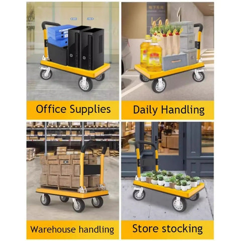 Heavy Duty Rolling Flatbed Cart With Folding Platform Trolley Built Tough For Hauling Heavy Gear Easy Loading And Transport Rust Resistant Steel Wide Load Capacity Ideal For Warehouse Workshop Or Moving Equipment In Red, yellow platform cart on casters