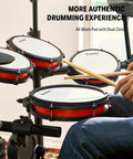 Electric Drum Set DED 200 Pro Electronic Kit close-up of mesh pads with dual-zone feature, focus on natural feel and quiet play.
