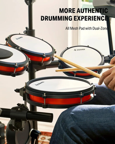 Electric Drum Set DED 200 Pro Electronic Kit close-up of mesh pads with dual-zone feature, focus on natural feel and quiet play.