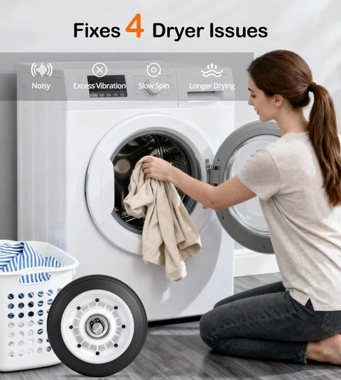 4 Pack Ball Bearing Dryer Drum Roller Kit Replacement For LG And Kenmore with woman loading laundry into dryer