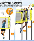 Backyard 2 In 1 Volleyball And Badminton Net Set With Adjustable Height From 5.1 To 8 Feet shown with height options and playing athletes