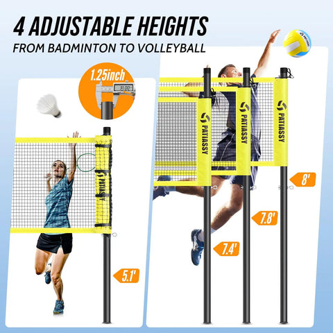 Backyard 2 In 1 Volleyball And Badminton Net Set With Adjustable Height From 5.1 To 8 Feet shown with height options and playing athletes