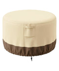 Round Fire Pit Cover Waterproof Built Tough All Weather Outdoor Heavy Duty Gas Fire Pit Table Cover With Air Vent And Handle 600D Oxford Fabric Protects From Sun Rain Snow Dust, beige and brown with handle and air vent, side view