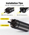 Installation diagram of External Inline Fuel Pump 12V-13.5V High Flow 255 LPH, 115 PSI High Pressure, with inlet and outlet ports.