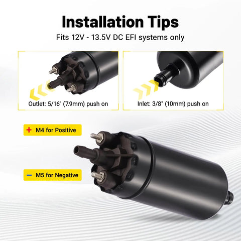 Installation diagram of External Inline Fuel Pump 12V-13.5V High Flow 255 LPH, 115 PSI High Pressure, with inlet and outlet ports.