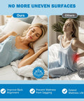 Heavy Duty Full Size Bunkie Board Two Piece Split Design Built For Rock Solid Mattress Support shown side-by-side with sagging mattress issue.