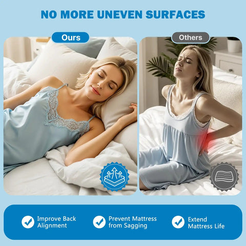 Heavy Duty Full Size Bunkie Board Two Piece Split Design Built For Rock Solid Mattress Support shown side-by-side with sagging mattress issue.