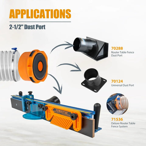 Applications for Dust Port Adapter 1-3/4 to 2-1/2 Inch Port to 4 Inch Dust Collection Hose Quick Connect Reducer shown for power tools