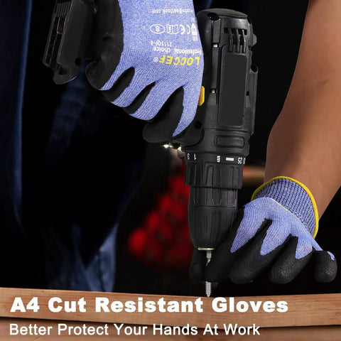 Three Pairs Safety Work Gloves For Men And Women, Touchscreen Compatible, Level 5 Cut Resistant, Snug Fit Anti Slip Grip in use with drill