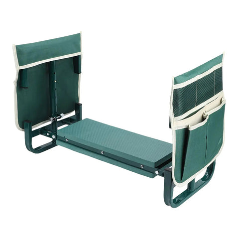 Garden Kneeler Seat Folding Kneeler Bench with Adjustable Height and 2 Tool Pouches, green, carbon steel frame, side view