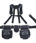 Professional Carpenter Tool Belt With Adjustable Suspenders Multi Pocket Hammer Loop And Built Tough Weight Distribution For The Daily Jobsite Grind in gray canvas with pockets and suspenders.