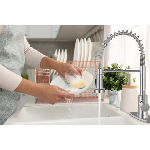 Brushed Nickel Kitchen Faucet With Pull Down Sprayer, High Arc Single Handle, 1 Or 3 Holes Install, Deck Plate Included