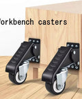 Heavy Duty Retractable Caster Swivels With Foot Release Brake 2.5 Inch Polyurethane Wheels Drop In Shop Mobility Kit For Workbenches And Utility Carts Boss Level 660 Pound Hauler mounted on a wooden workbench.