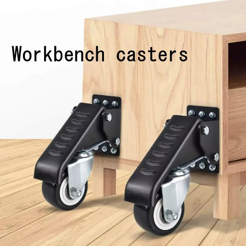 Heavy Duty Retractable Caster Swivels With Foot Release Brake 2.5 Inch Polyurethane Wheels Drop In Shop Mobility Kit For Workbenches And Utility Carts Boss Level 660 Pound Hauler mounted on a wooden workbench.
