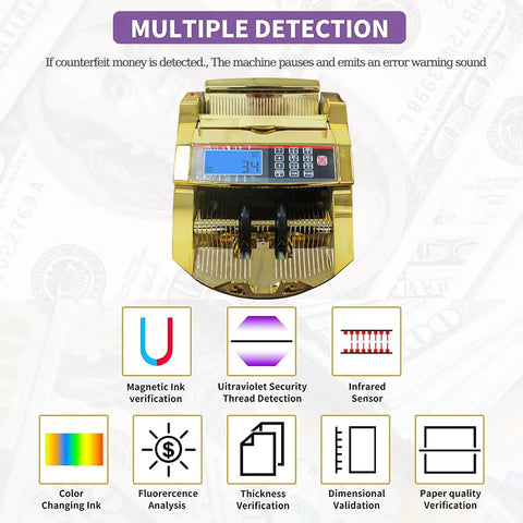 High Capacity Money Counter For Dollars With UV And IR Counterfeit Detection And External LCD Display showcasing detection features.