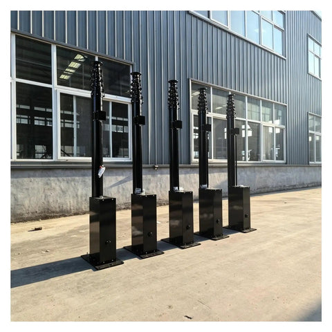 Heavy Duty Aluminum Electric Telescopic Mast With Plug And Play Motorized Lift Extends Up To 5M displayed in a row outside a building.