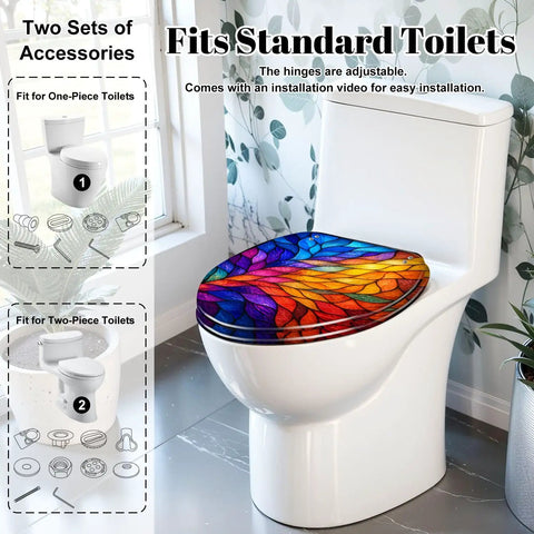 Elongated Colorful Stained Glass Effect Abstract Leaf Radiant Toilet Seat on standard toilet with modern decor.