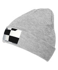 Dope Black And White Grid Pattern Knit Beanie Hat For Winter Super Cozy Acrylic Skully Cap That Keeps You Toasty In Frosty Days Lightweight Yet Insulated Everyday Wear For Street Style Fits, gray knit beanie with black-and-white grid detail.